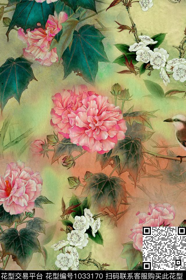 花卉国画中国风数码印花华亿平台下载（图片编号: 1033170） - 瓦栏（Walan）