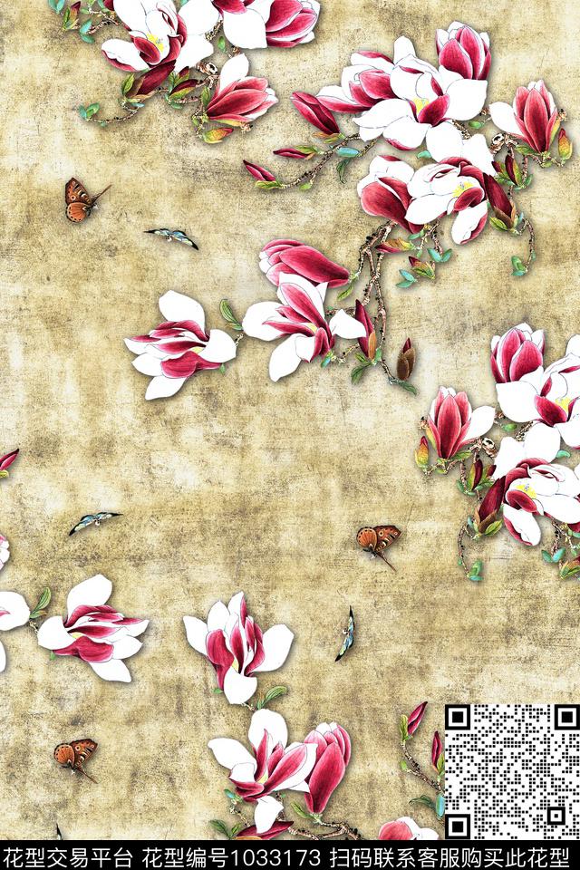 花卉国画玉兰花数码印花华亿平台下载（图片编号: 1033173） - 瓦栏（Walan）