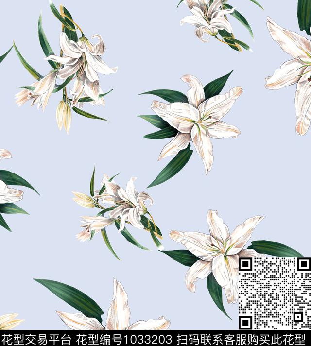 花卉清爽底花卉百合数码印花华亿平台下载（图片编号: 1033203） - 瓦栏（Walan）