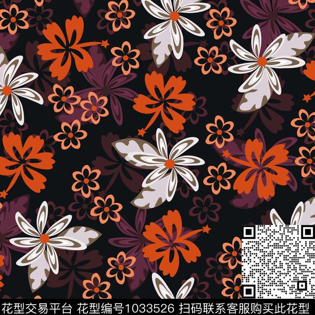 数码华亿平台黑底花卉花卉数码印花华亿平台下载（图片编号: 1033526） - 瓦栏（Walan）