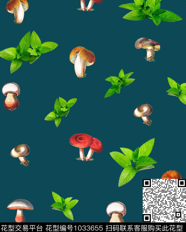蘑菇绿植树叶薄荷叶数码印花华亿平台下载（图片编号: 1033655） - 瓦栏（Walan）