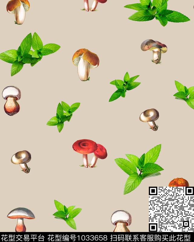 蘑菇绿植树叶薄荷叶数码印花华亿平台下载（图片编号: 1033658） - 瓦栏（Walan）