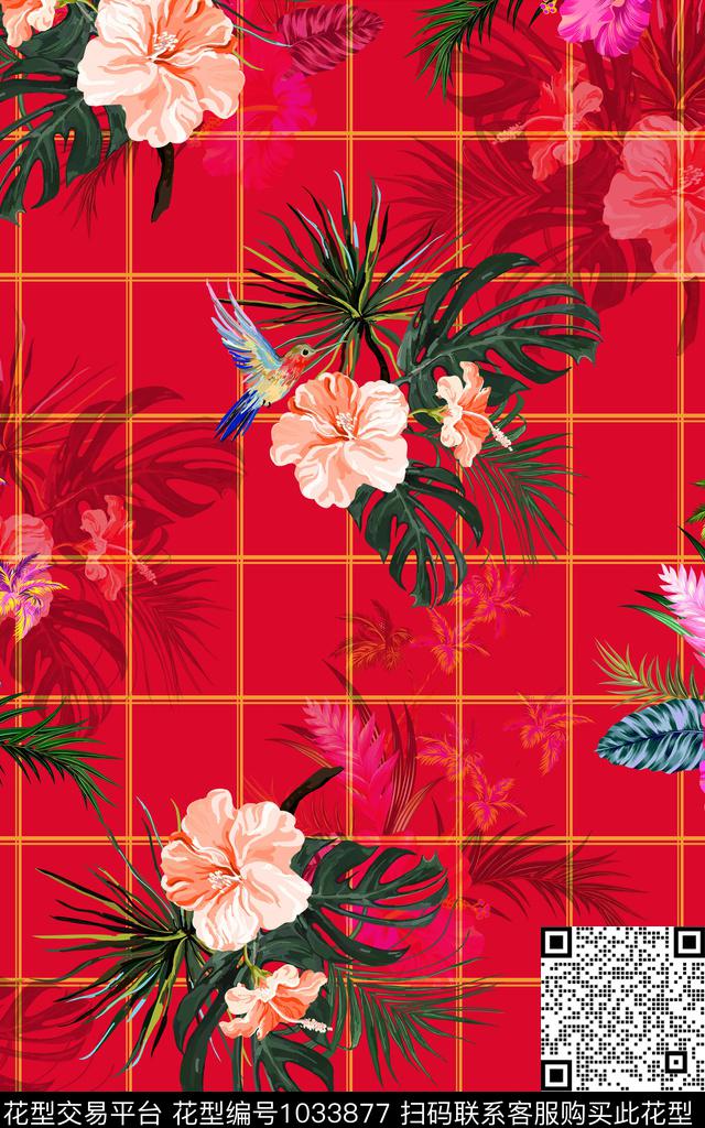 棕榈树满版散花热带花朵数码印花华亿平台下载（图片编号: 1033877） - 瓦栏（Walan）