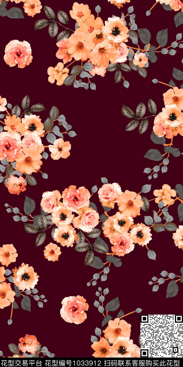手绘玫瑰手绘花卉花卉数码印花华亿平台下载（图片编号: 1033912） - 瓦栏（Walan）