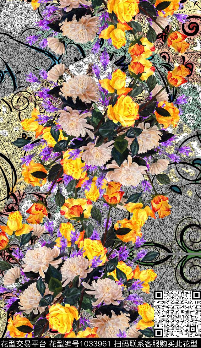 波西米亚定位花复古数码印花华亿平台下载（图片编号: 1033961） - 瓦栏（Walan）