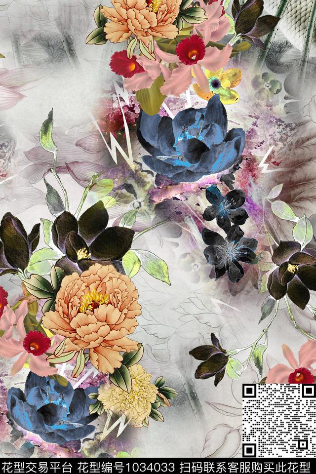 民族花卉水墨风中国风数码印花华亿平台下载（图片编号: 1034033） - 瓦栏（Walan）