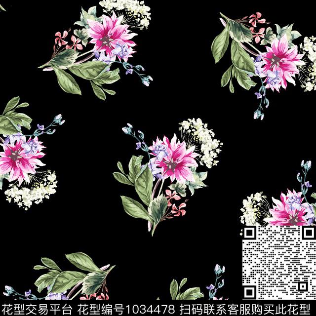 数码华亿平台黑底花卉花卉数码印花华亿平台下载（图片编号: 1034478） - 瓦栏（Walan）
