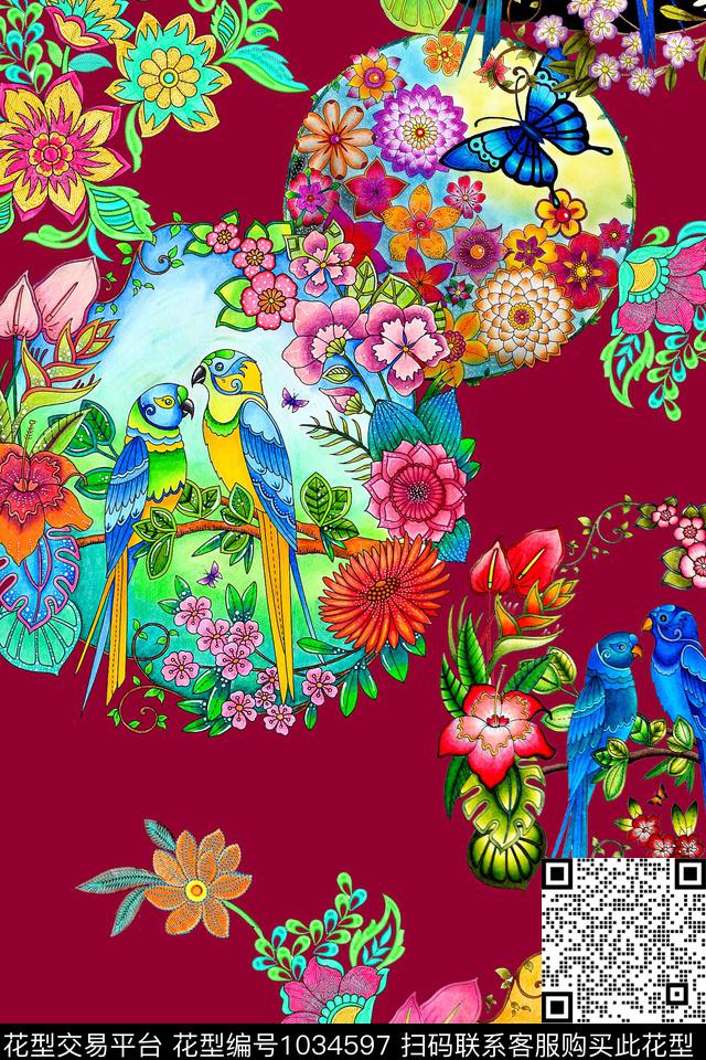 民族风蝴蝶花鸟数码印花华亿平台下载（图片编号: 1034597） - 瓦栏（Walan）