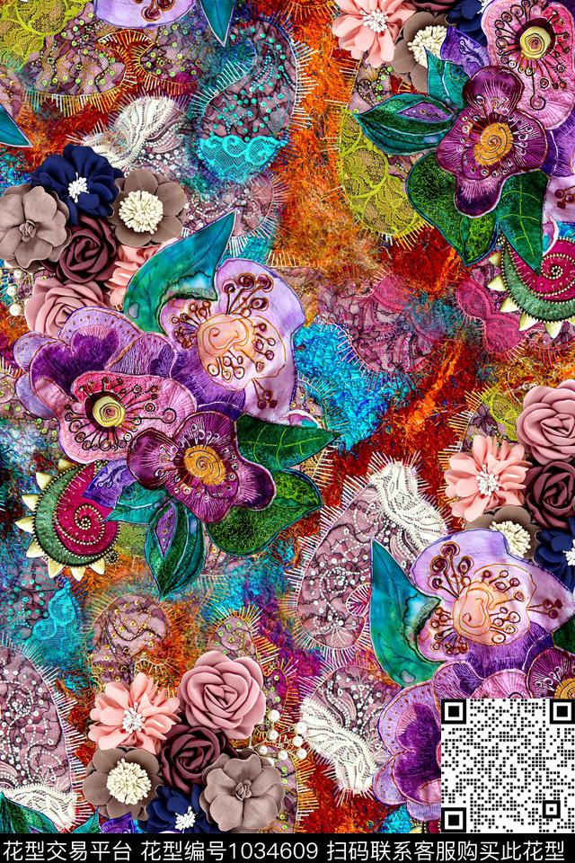 民族风花卉网布蕾丝数码印花华亿平台下载（图片编号: 1034609） - 瓦栏（Walan）