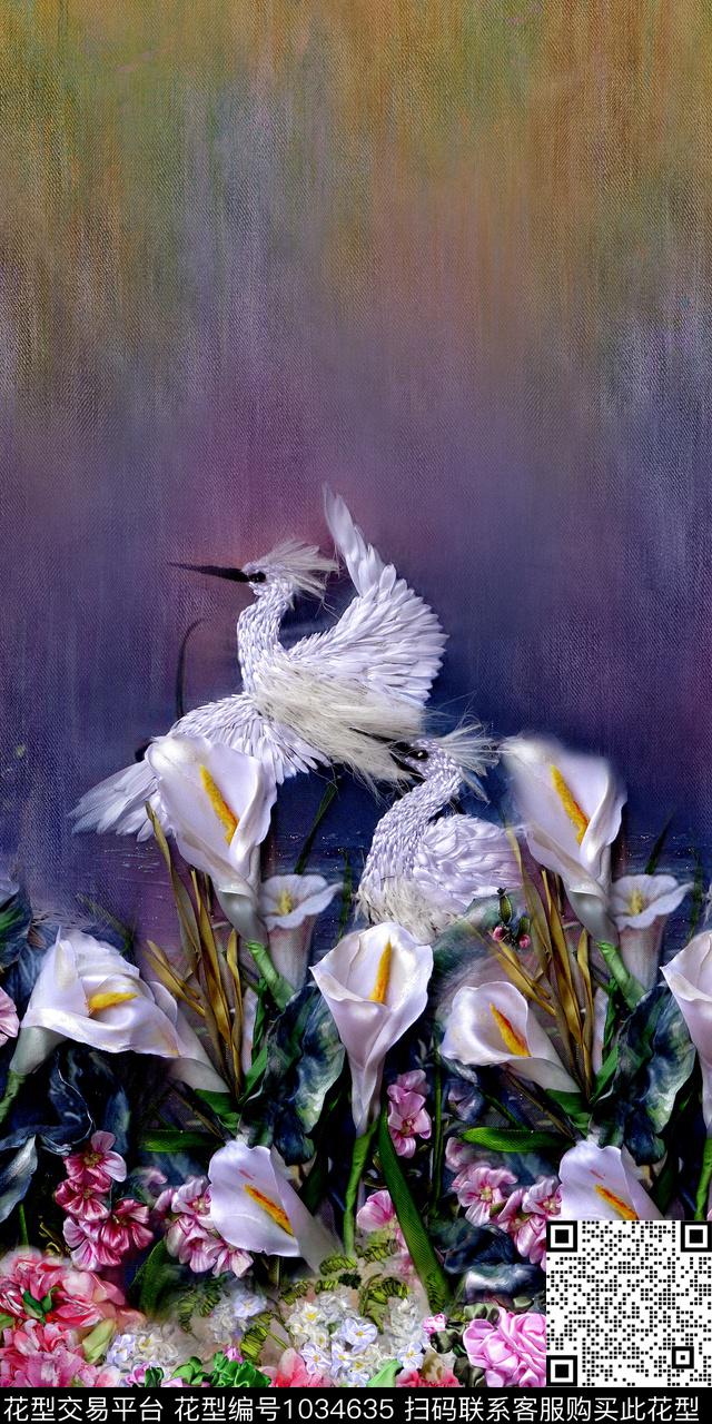 休闲仙鹤花卉数码印花华亿平台下载（图片编号: 1034635） - 瓦栏（Walan）