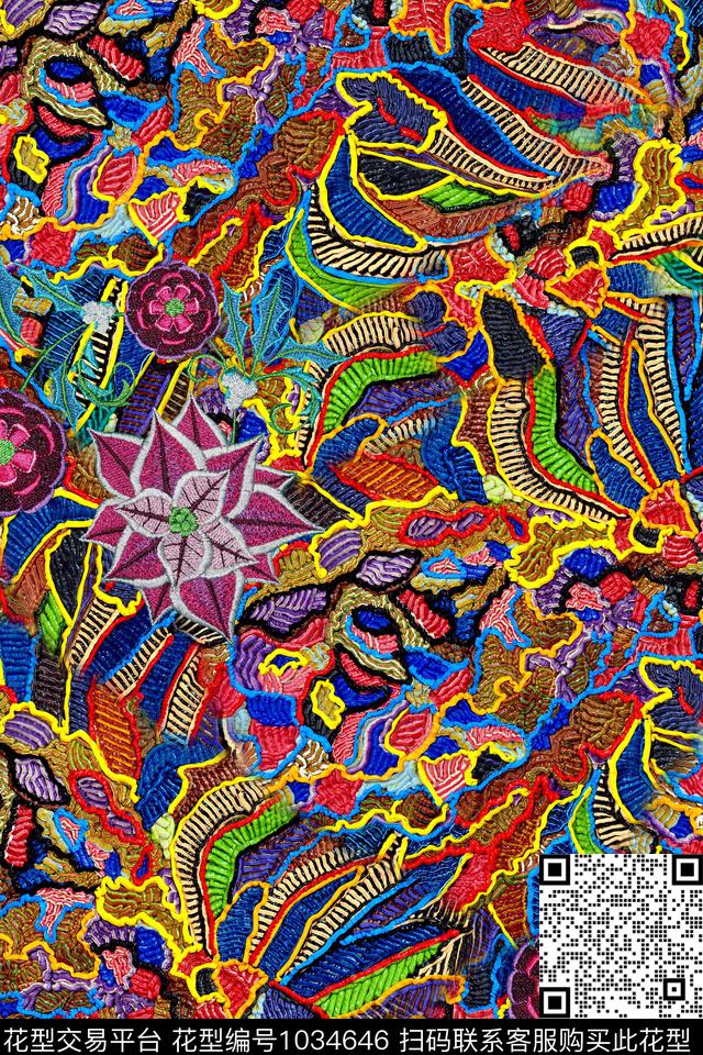 条纹民族风花卉数码印花华亿平台下载（图片编号: 1034646） - 瓦栏（Walan）