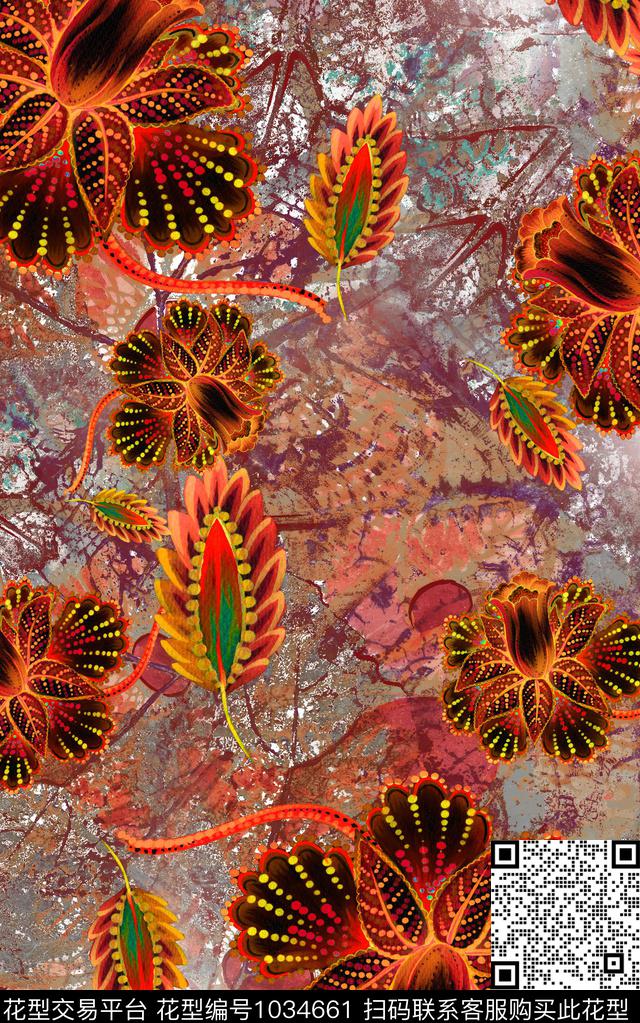 数码华亿平台花卉笔触数码印花华亿平台下载（图片编号: 1034661） - 瓦栏（Walan）
