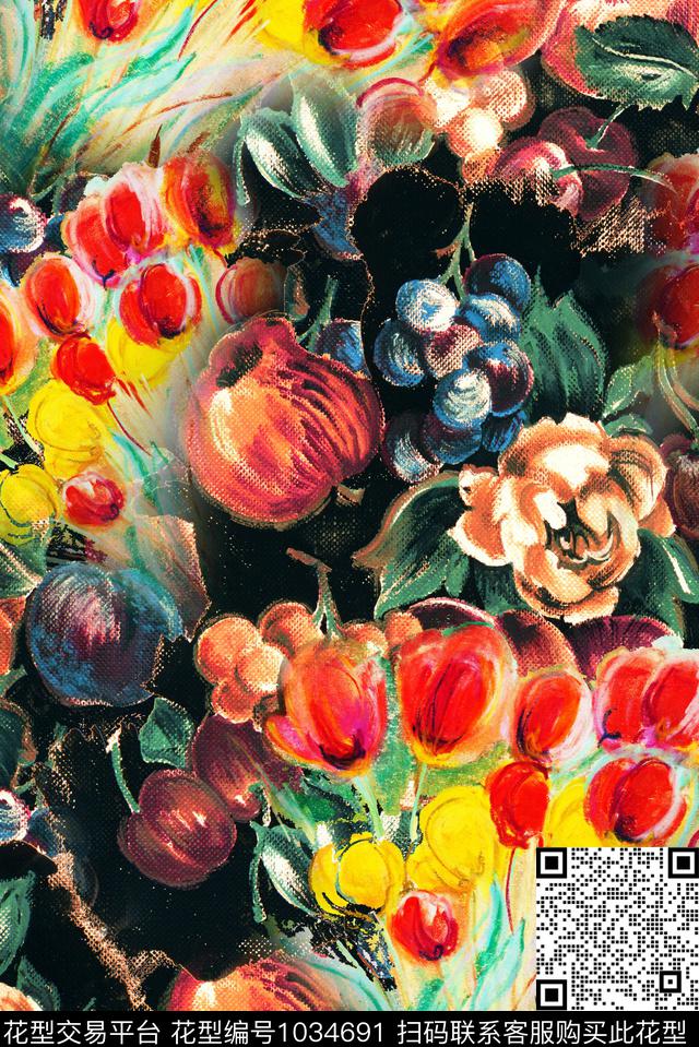 数码华亿平台花卉笔触数码印花华亿平台下载（图片编号: 1034691） - 瓦栏（Walan）