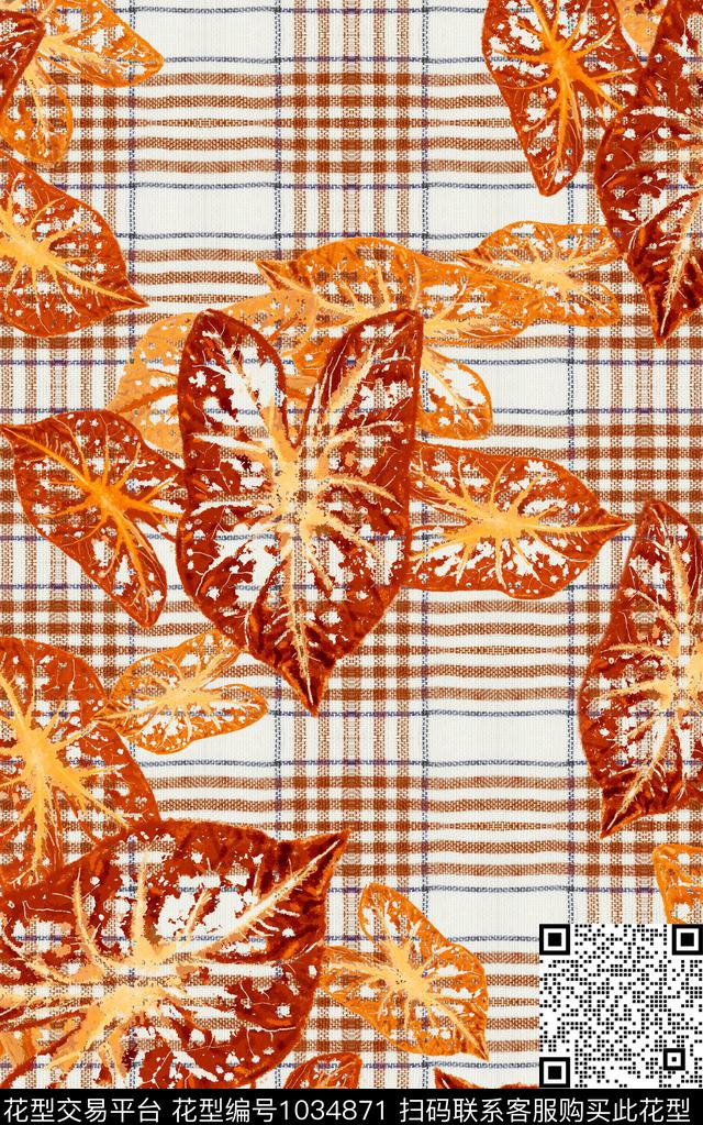 格子肌理绿植树叶数码印花华亿平台下载（图片编号: 1034871） - 瓦栏（Walan）