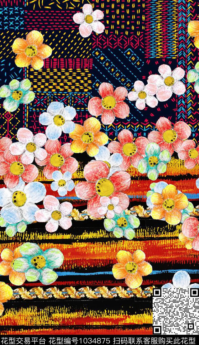 民族风花卉复古数码印花华亿平台下载（图片编号: 1034875） - 瓦栏（Walan）