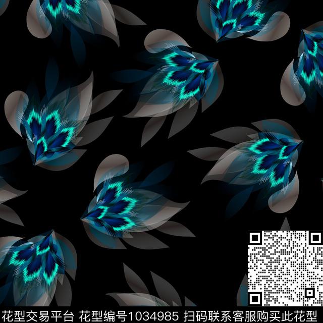 黑底花卉抽象花卉数码印花华亿平台下载（图片编号: 1034985） - 瓦栏（Walan）
