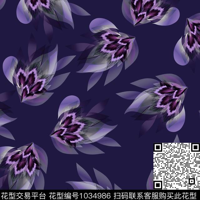 黑底花卉抽象花卉数码印花华亿平台下载（图片编号: 1034986） - 瓦栏（Walan）