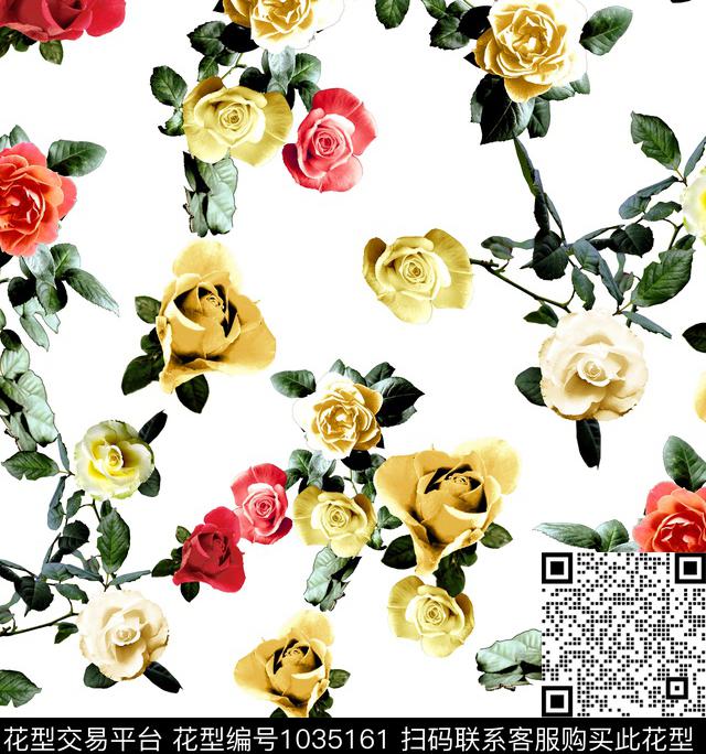 花卉清爽底花卉玫瑰花数码印花华亿平台下载（图片编号: 1035161） - 瓦栏（Walan）