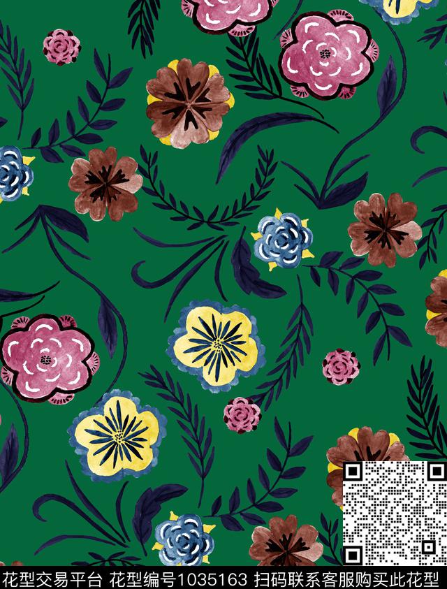 花卉大牌风手绘花卉数码印花华亿平台下载（图片编号: 1035163） - 瓦栏（Walan）