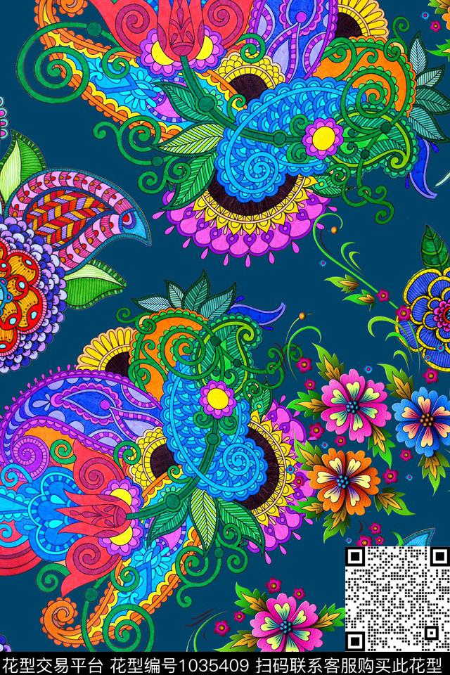 民族风佩斯利几何数码印花华亿平台下载（图片编号: 1035409） - 瓦栏（Walan）