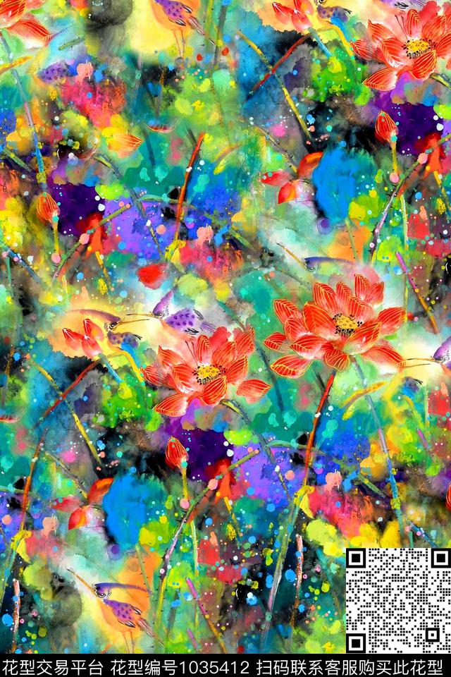 花卉荷花中国风数码印花华亿平台下载（图片编号: 1035412） - 瓦栏（Walan）