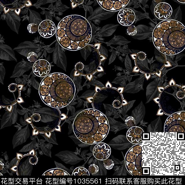 黑底花卉抽象花卉数码印花华亿平台下载（图片编号: 1035561） - 瓦栏（Walan）
