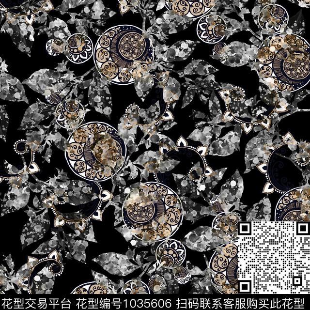 黑底花卉抽象花卉数码印花华亿平台下载（图片编号: 1035606） - 瓦栏（Walan）