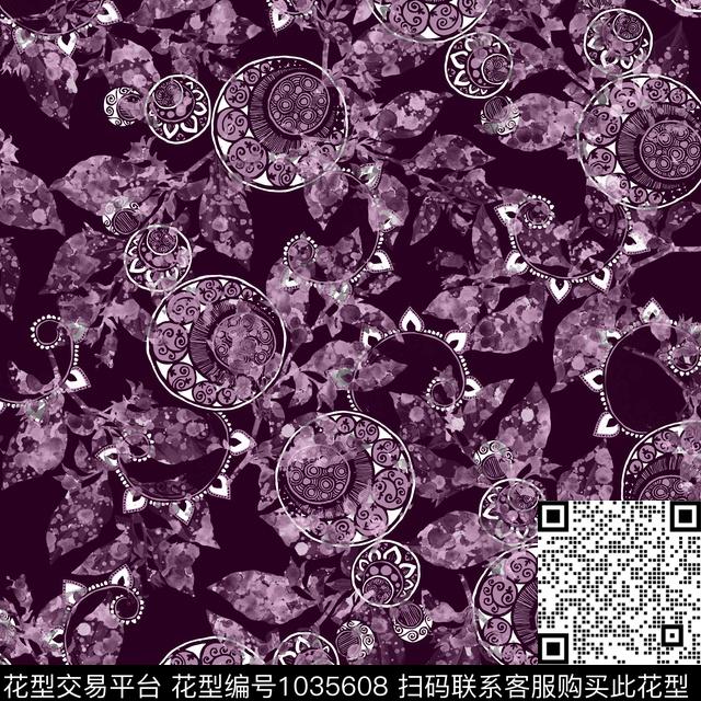 黑底花卉抽象花卉数码印花华亿平台下载（图片编号: 1035608） - 瓦栏（Walan）