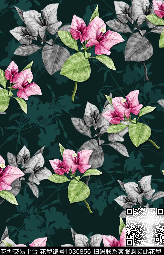 花卉女装灰色花数码印花华亿平台下载（图片编号: 1035856） - 瓦栏（Walan）