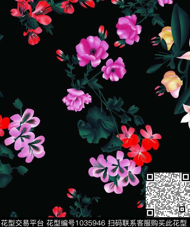 数码华亿平台花瓣黑底花卉数码印花华亿平台下载（图片编号: 1035946） - 瓦栏（Walan）
