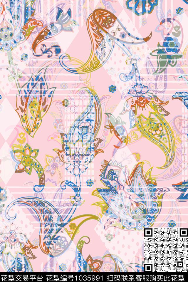 佩斯利满版散花几何数码印花华亿平台下载（图片编号: 1035991） - 瓦栏（Walan）