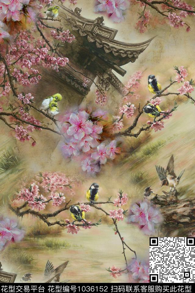 花卉建筑桃花数码印花华亿平台下载（图片编号: 1036152） - 瓦栏（Walan）