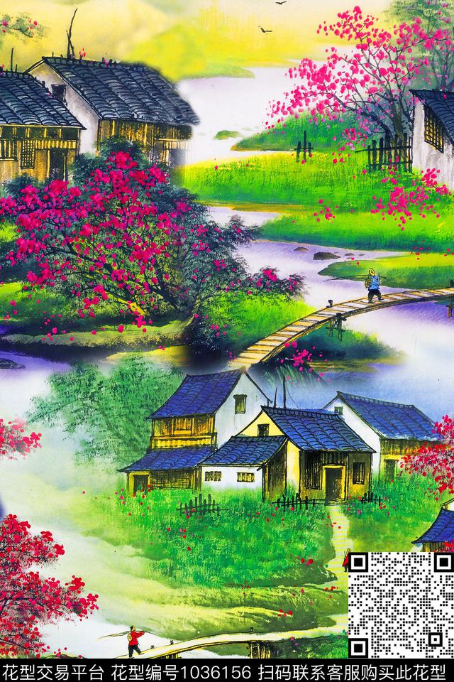 风景景观中国风水乡建筑数码印花华亿平台下载（图片编号: 1036156） - 瓦栏（Walan）