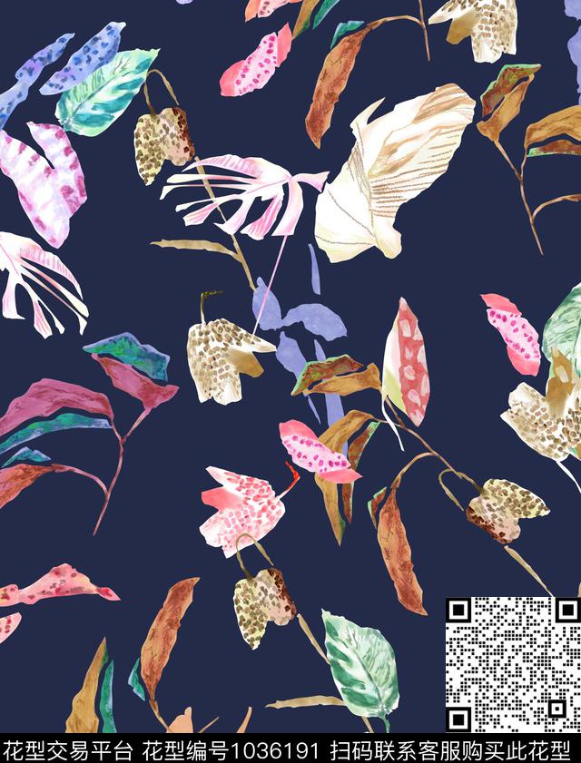 抽象休闲清爽底花卉数码印花华亿平台下载（图片编号: 1036191） - 瓦栏（Walan）