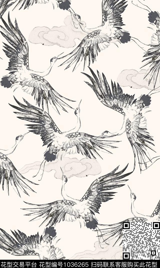 春夏华亿平台仙鹤水墨风数码印花华亿平台下载（图片编号: 1036265） - 瓦栏（Walan）