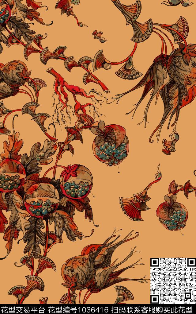 线条花卉中老年数码印花华亿平台下载（图片编号: 1036416） - 瓦栏（Walan）