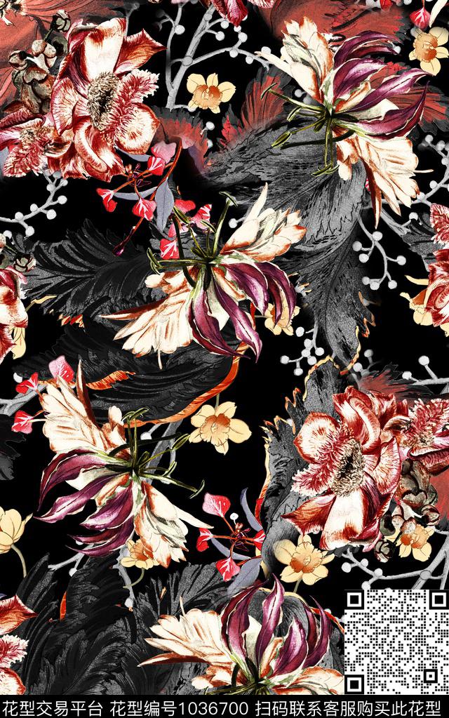 数码华亿平台花卉复古数码印花华亿平台下载（图片编号: 1036700） - 瓦栏（Walan）