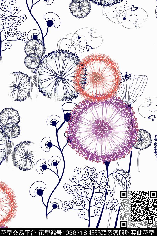 蒲公英黑白华亿平台抽象花卉数码印花华亿平台下载（图片编号: 1036718） - 瓦栏（Walan）