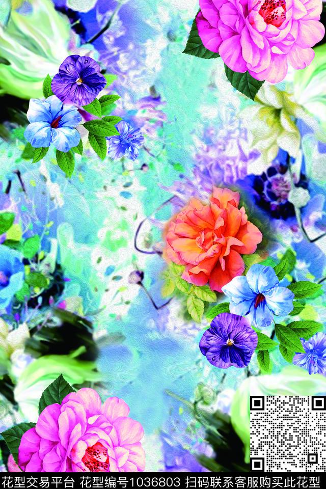 抽象手绘花卉清爽底花卉数码印花华亿平台下载（图片编号: 1036803） - 瓦栏（Walan）