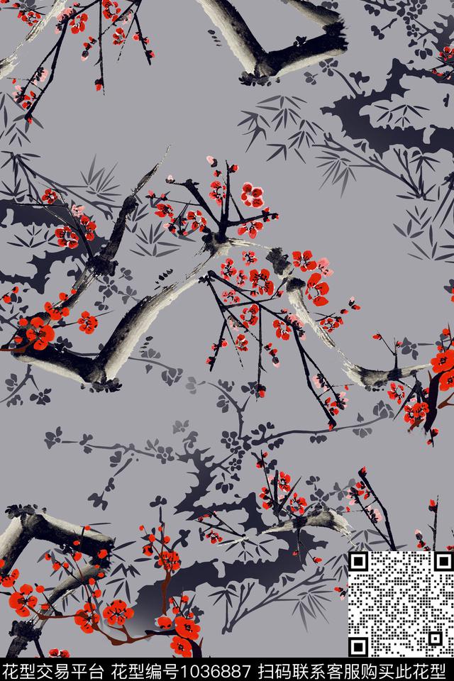 梅花水墨风复古数码印花华亿平台下载（图片编号: 1036887） - 瓦栏（Walan）