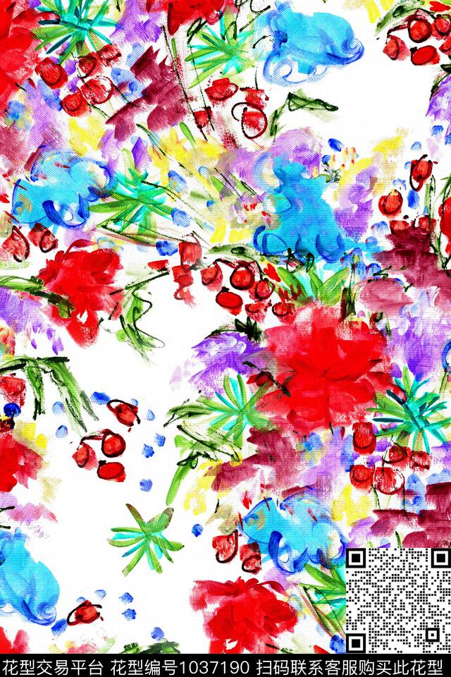 抽象花卉水彩花卉数码印花华亿平台下载（图片编号: 1037190） - 瓦栏（Walan）