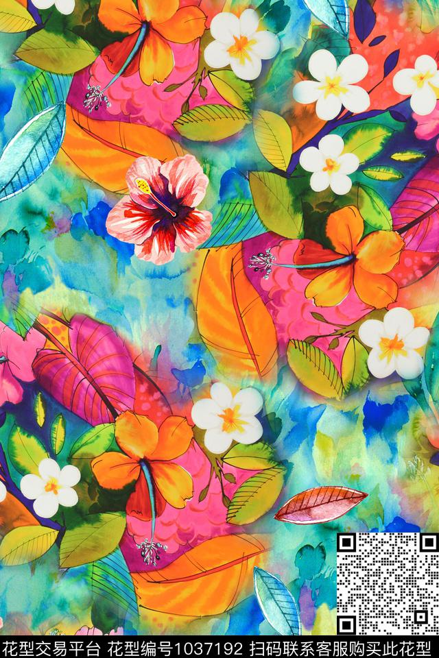 花卉热带华亿平台绿植树叶数码印花华亿平台下载（图片编号: 1037192） - 瓦栏（Walan）