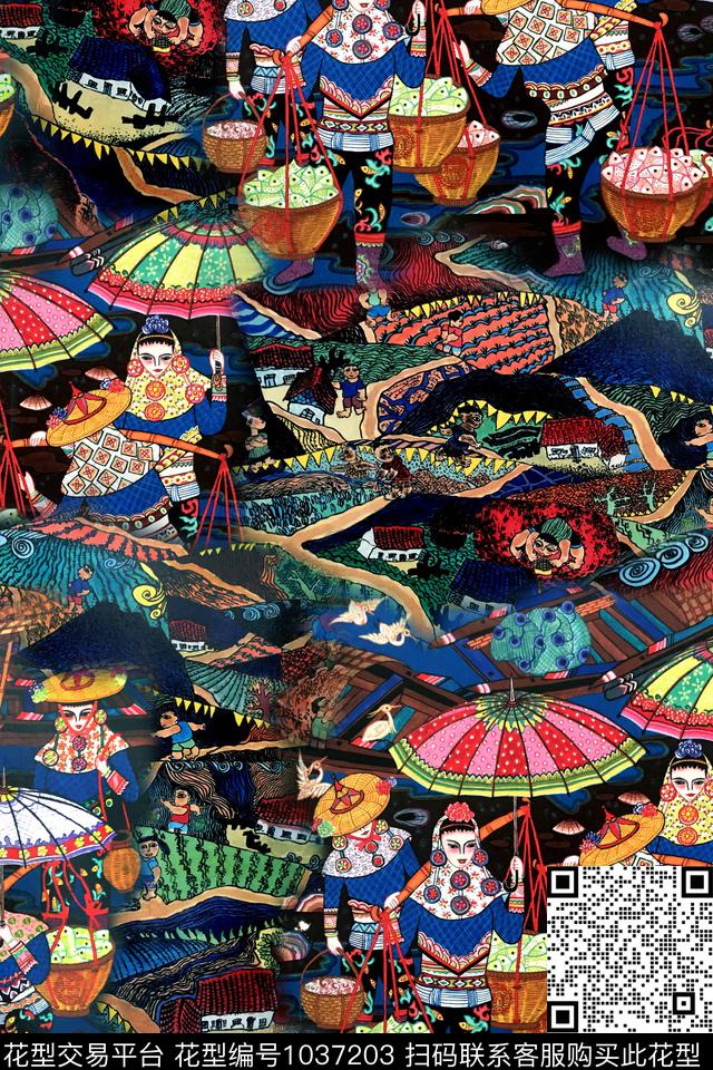 民族风人物手绘花卉数码印花华亿平台下载（图片编号: 1037203） - 瓦栏（Walan）