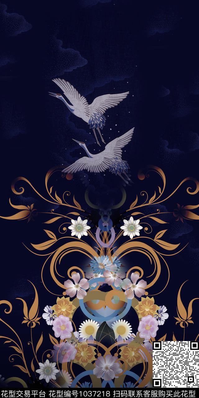 仙鹤中国风定位花图纹数码印花华亿平台下载（图片编号: 1037218） - 瓦栏（Walan）