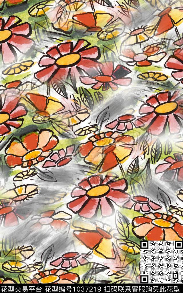 线条花卉笔触数码印花华亿平台下载（图片编号: 1037219） - 瓦栏（Walan）