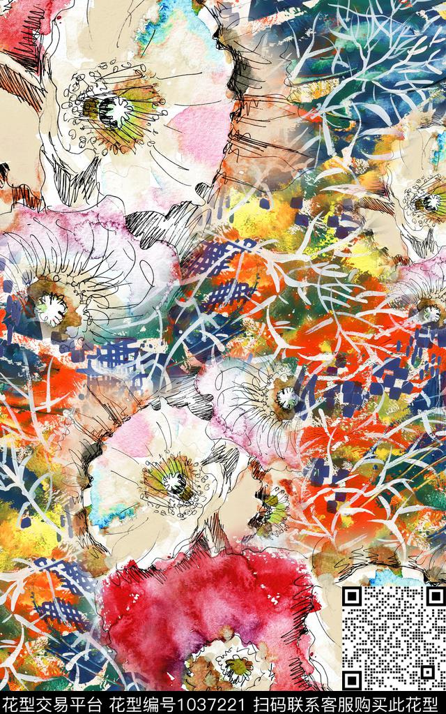 肌理花卉笔触数码印花华亿平台下载（图片编号: 1037221） - 瓦栏（Walan）