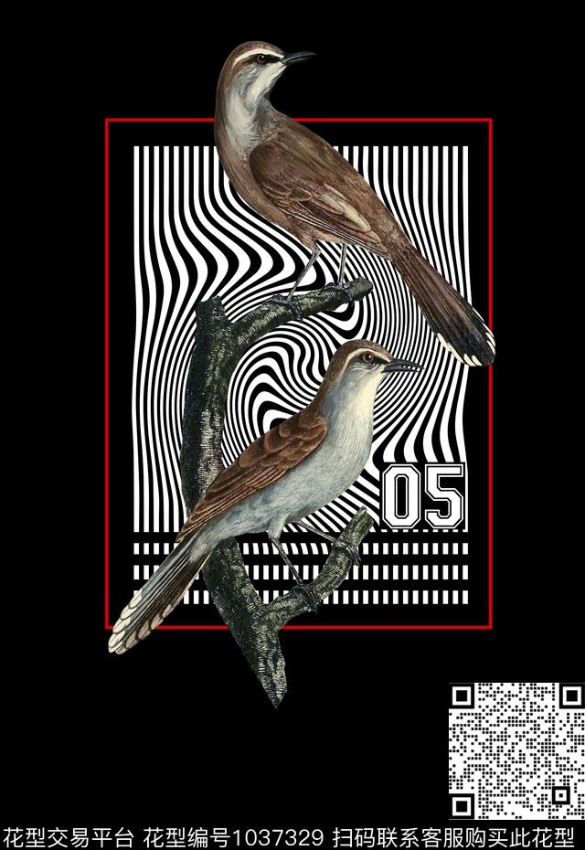 手绘复古鸟动物纹理定位男装胸花数码印花华亿平台下载（图片编号: 1037329） - 瓦栏（Walan）