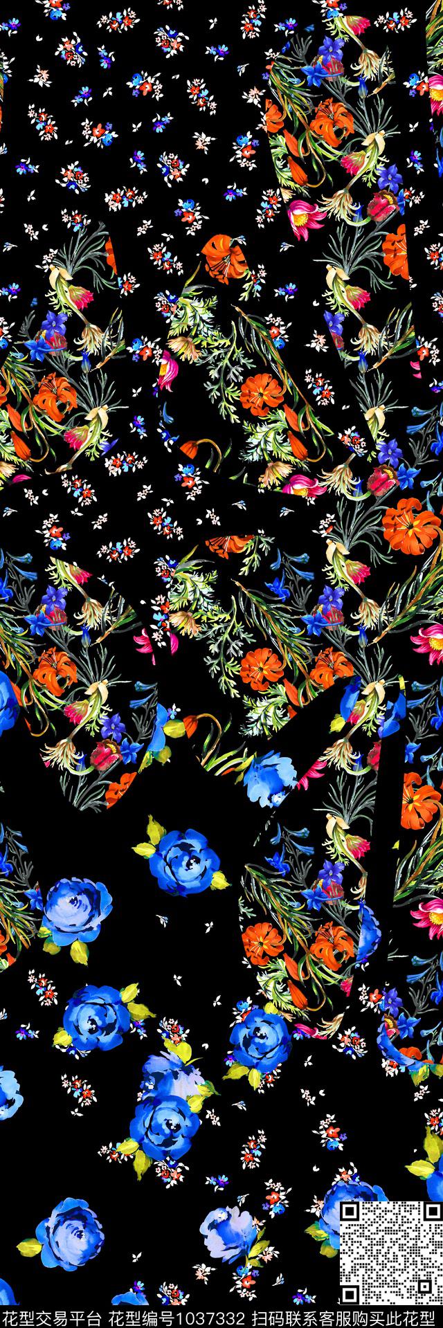 数码华亿平台黑底花卉彩底花卉数码印花华亿平台下载（图片编号: 1037332） - 瓦栏（Walan）