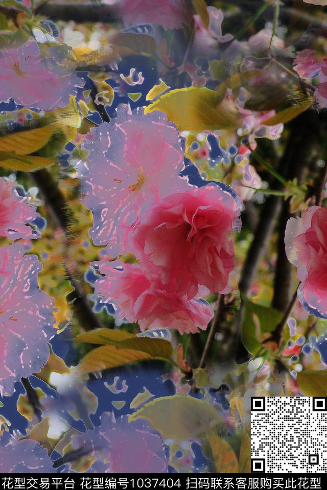 樱花盛开植物抽象花卉混搭数码印花华亿平台下载（图片编号: 1037404） - 瓦栏（Walan）