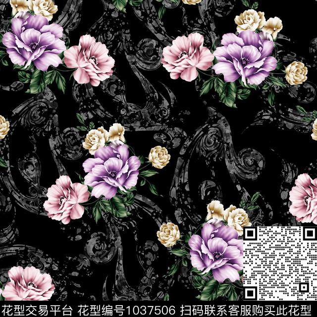 黑底花卉抽象花卉数码印花华亿平台下载（图片编号: 1037506） - 瓦栏（Walan）